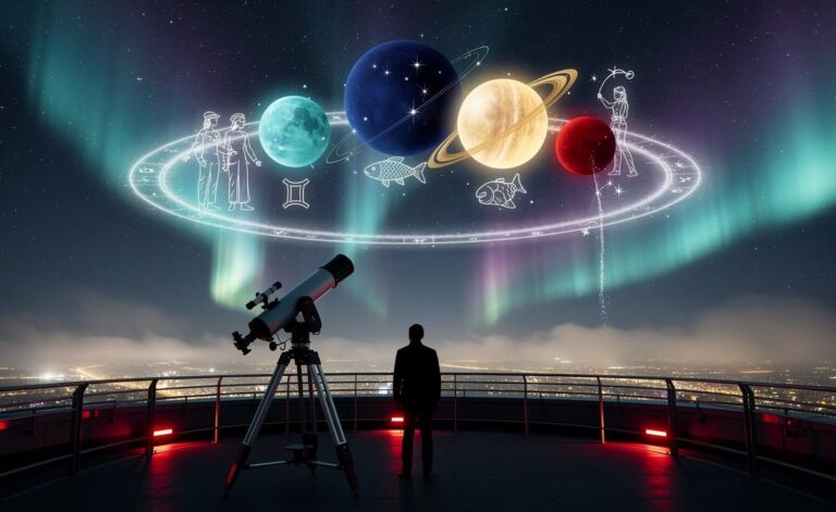 Illustration of the planetary shift on 14 January 2026 affecting the zodiac signs, featuring Pluto in Aquarius, Uranus in Gemini, Saturn and Neptune in late Pisces, and Jupiter in Cancer