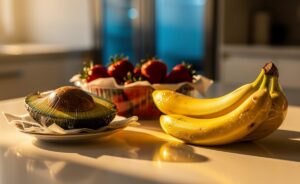 Illustration of plastic wrap applied to banana stems, berries, and a cut avocado to keep fruit fresh twice as long