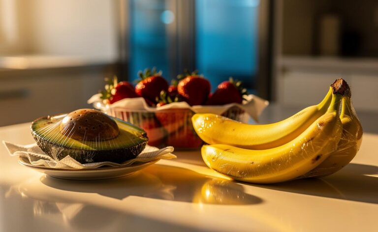 Illustration of plastic wrap applied to banana stems, berries, and a cut avocado to keep fruit fresh twice as long