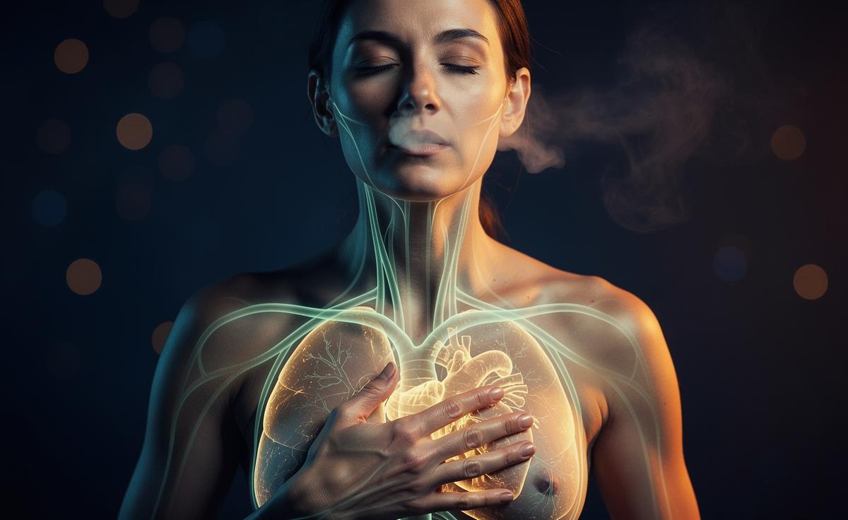 Illustration of deep, slow nasal breathing activating the vagus nerve to ease anxiety