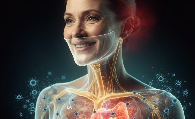 Illustration of a person smiling, with vagus nerve pathways and immune cells highlighting reduced cortisol and boosted IgA