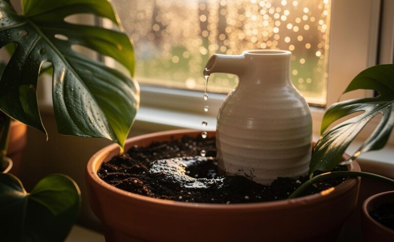 Illustration of a slow-watering jug delivering steady moisture to an indoor houseplant to prevent root stress