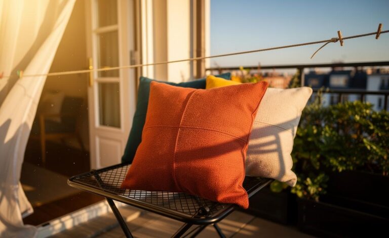 Illustration of throw pillows being aired outdoors in gentle sunlight and fresh airflow to remove deep-set odours