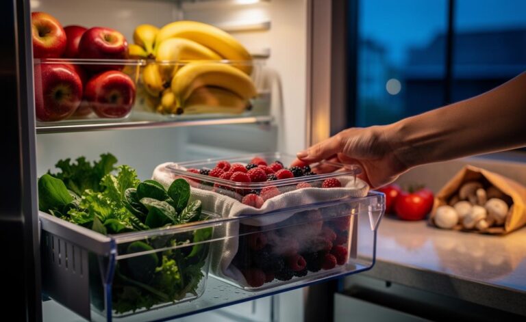 Illustration of the dry-and-breathe method to extend produce shelf life: fruit and vegetables patted dry and placed in towel-lined, vented containers in a fridge crisper, kept apart from ethylene-producing items