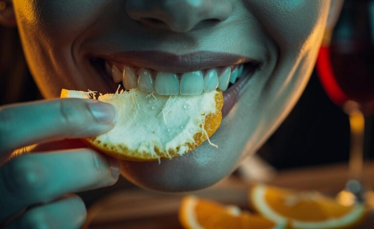 Illustration of the inner white pith of an orange peel being gently rubbed on front teeth to lift surface stains