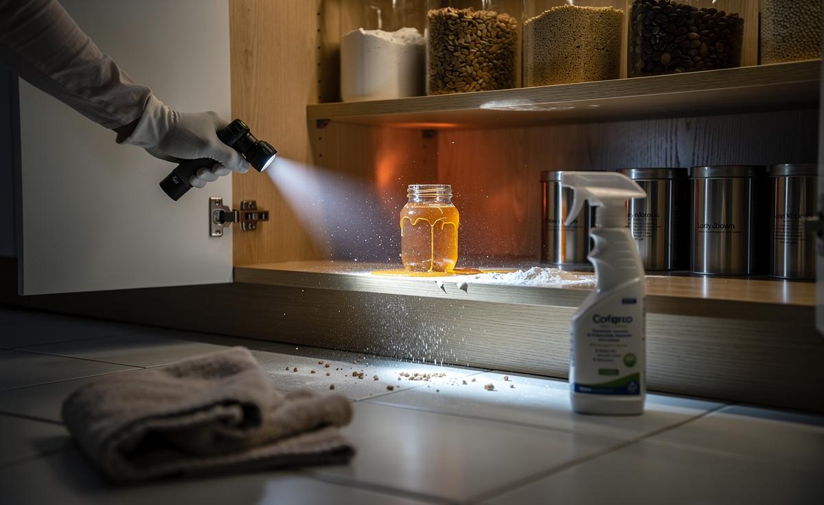 Illustration of the under-sink shadow method using controlled raking light to reveal hidden pantry spills and residues