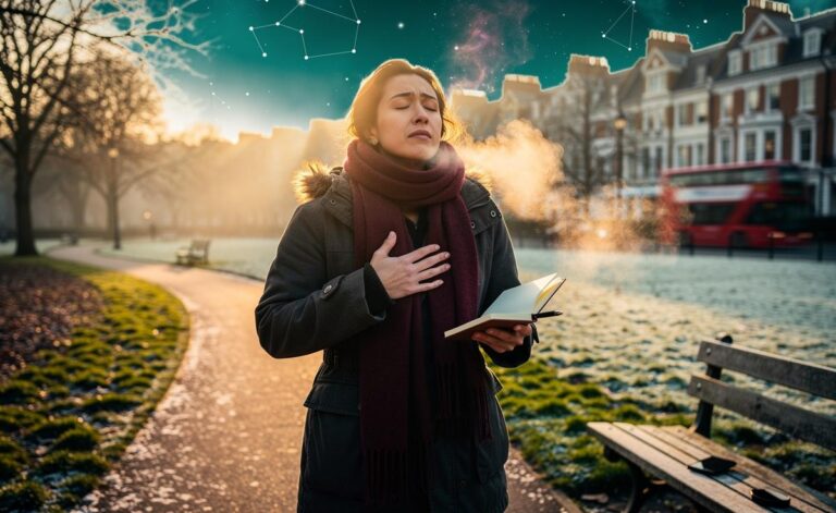 Illustration of emotional grounding in the UK on January 4, 2026: a calm winter morning with a person on a daylight walk practicing slow breathing, and a simple notebook listing a one-page plan and an enough list