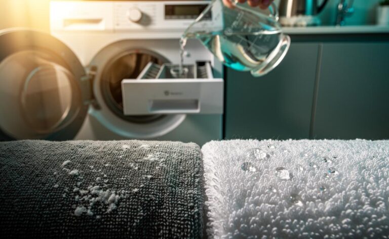 Illustration of the vinegar-rinse method that softens stiff towels by dissolving hard-water mineral buildup and restoring absorbency