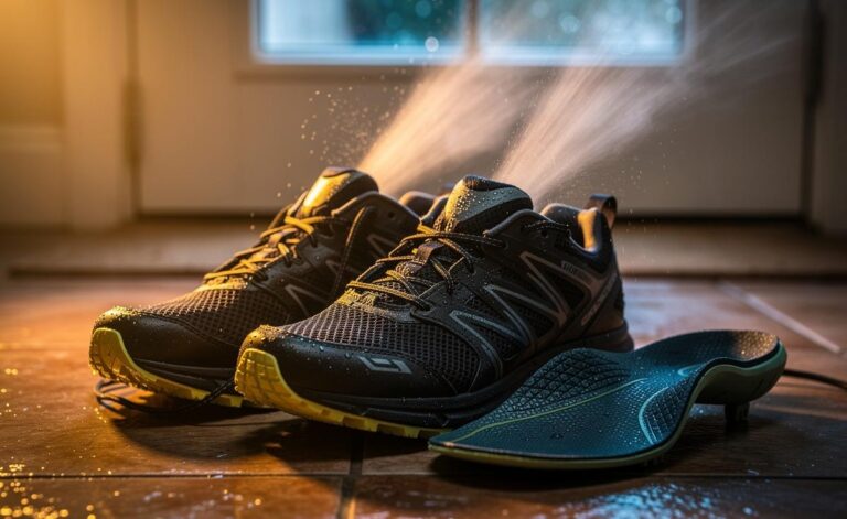 Illustration of a warm-air blast directed through wet shoes, improving airflow to speed evaporation