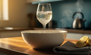 Illustration of a warm-rinse soak loosening mineral buildup on cloudy glassware