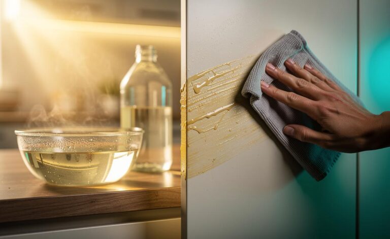 Illustration of a warm-vinegar wipe on greasy kitchen cabinets, using mild heat to help acetic acid cut through buildup