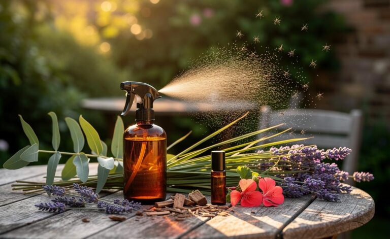 Illustration of a natural essential oil spray blend with lemon eucalyptus, citronella, lavender, cedarwood, and geranium used outdoors in summer to repel insects without harsh chemicals.