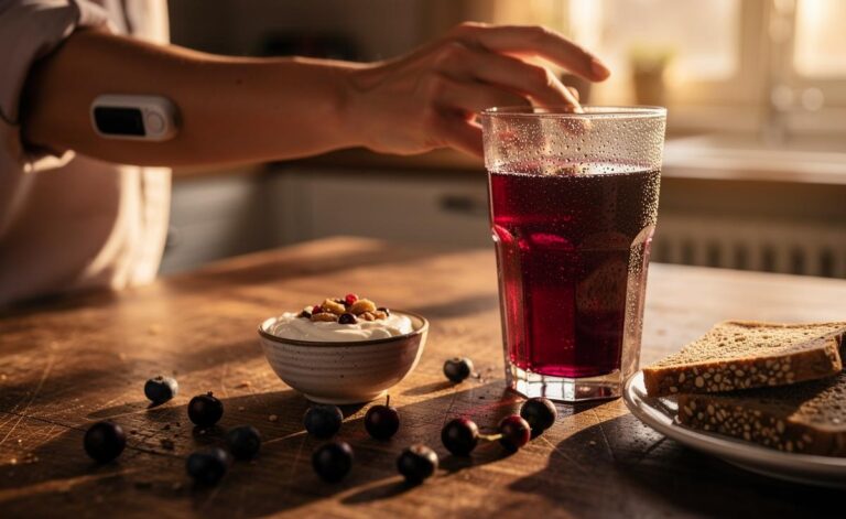 Illustration of anthocyanin-rich berry juice helping stabilise blood sugar levels within days