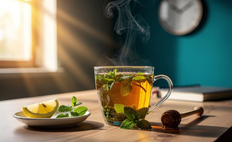 Illustration of a steaming cup of mint infusion with fresh peppermint or spearmint leaves, used to reduce stress and boost mental clarity fast