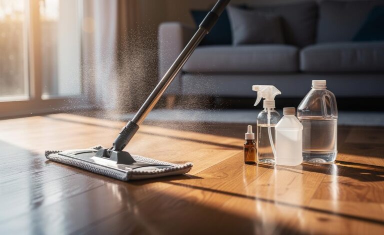 Illustration of a microfibre mop applying a homemade vinegar, isopropyl alcohol, and mild soap solution to a sealed wood floor for a like-new shine
