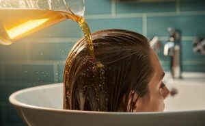 Illustration of a person rinsing their hair with diluted beer to boost volume and shine