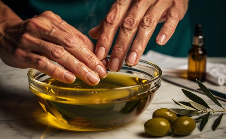Illustration of hands soaking fingernails in warm olive oil to strengthen brittle nails