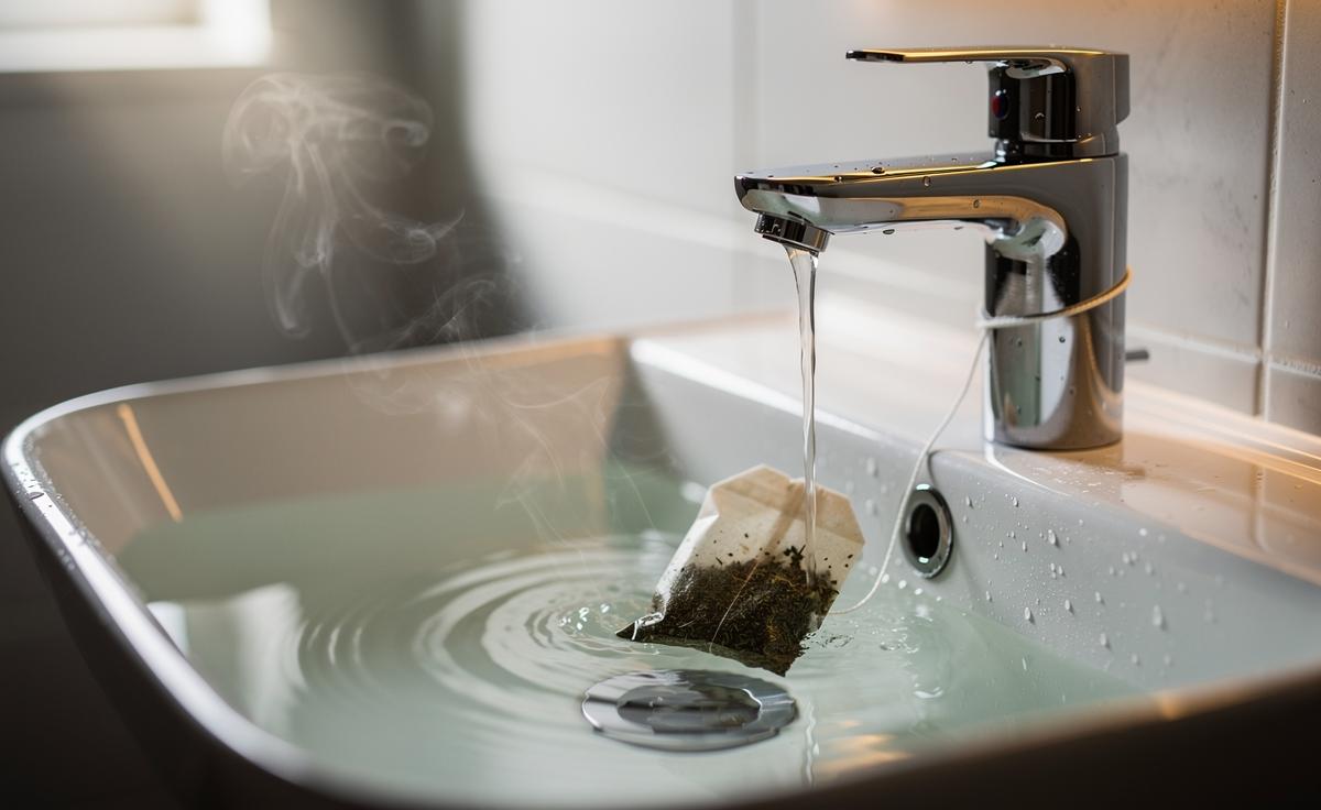 Illustration of a peppermint tea bag being used to deodorise a bathroom sink drain