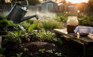 Illustration of spent coffee grounds steeped overnight and applied as a cold-brew soil drench with a thin mulch in a UK garden