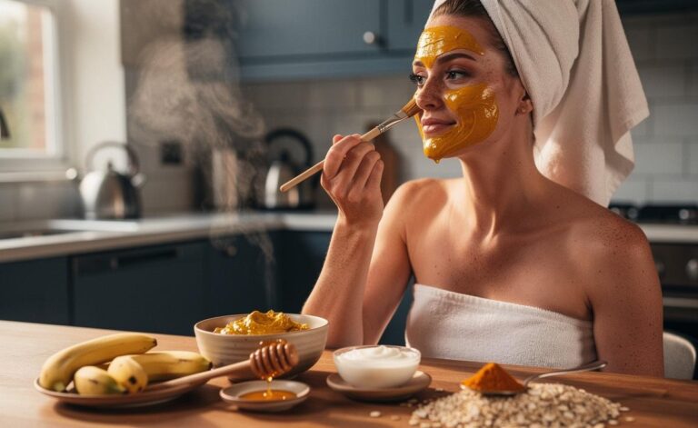 Illustration of a DIY facial mask using yoghurt, honey, banana, and turmeric for younger-looking skin