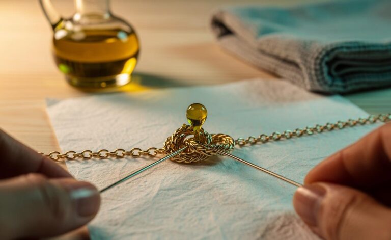 Illustration of [a knotted necklace chain being loosened with a tiny drop of olive oil and two fine pins on a clean tabletop]