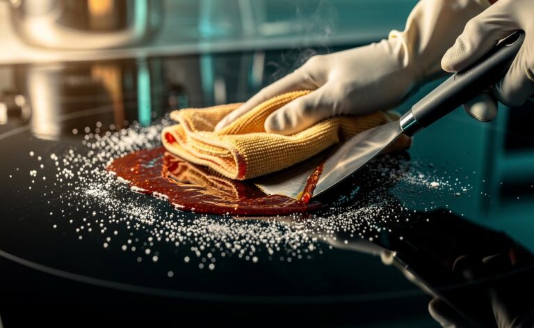 Illustration of a stovetop with stuck-on spills being gently cleaned using a warm, soapy cloth, bicarbonate of soda, and a flat scraper