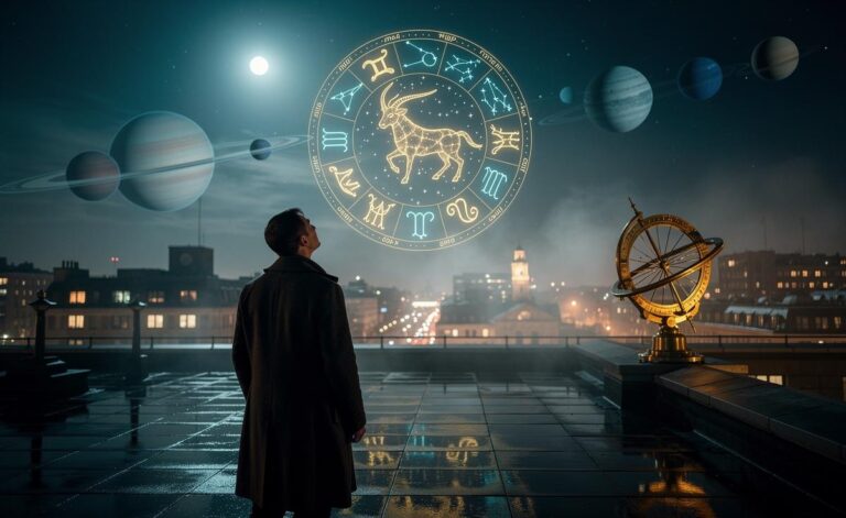 Illustration of planetary alignments and zodiac signs for 8 January 2026, highlighting Capricorn season