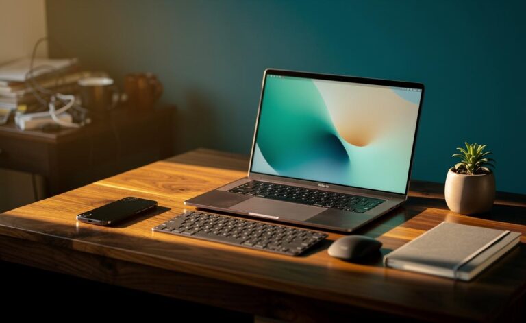 Illustration of a decluttered computer desktop and tidy workspace that enhances work focus by reducing visual distractions and notifications