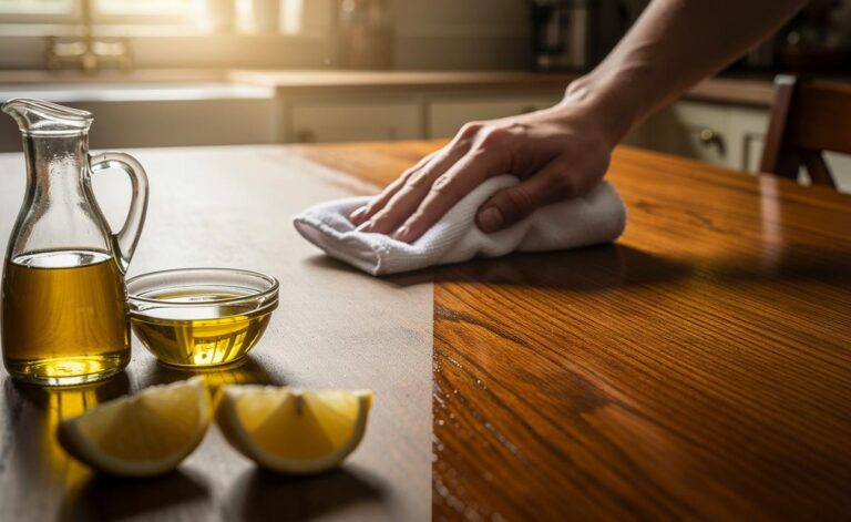 Illustration of a homemade olive oil, white vinegar, and lemon wood polish being applied with a microfibre cloth to a wooden table for a natural, silicone-free sheen