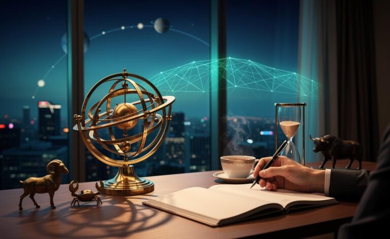 Illustration of the astrology snapshot for 1 January 2026, featuring key transits—Pluto in Aquarius, Saturn in Aries, Jupiter in Cancer, Uranus in Taurus, and Neptune on the Aries cusp—and the theme of small, disciplined beginnings