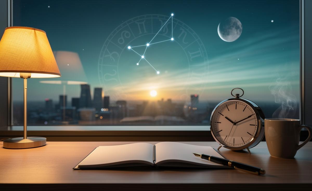 Illustration of daily astrology for 4 January 2026 featuring a Capricorn Sun, a reflective Moon, and Mercury direct, with a planner and clock to convey structured timing