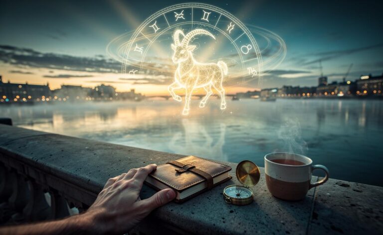 Illustration of a zodiac wheel over a night sky highlighting Capricorn with a calendar date of January 12, 2026, symbolising a shift in energies