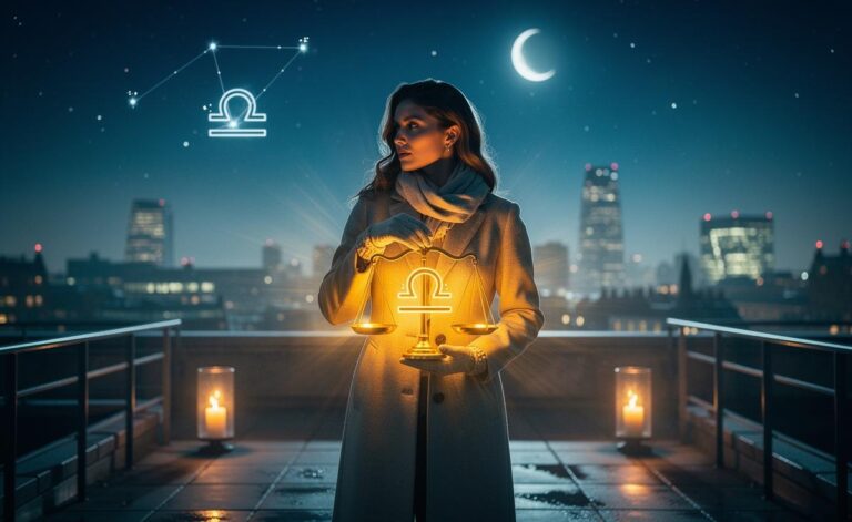 Illustration of the Libra zodiac sign with balancing scales for the January 7 daily horoscope