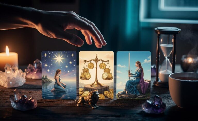 Illustration of a daily tarot reading for 6 January 2026 with a three-card spread featuring The Star, Six of Pentacles, and Queen of Swords, alongside numerology 17 to 8 (Strength) for inspirations and insights
