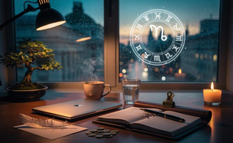 Illustration of a calm 2 January 2026 horoscope scene with a zodiac wheel, the Capricorn symbol, and a tidy planner on a serene desk