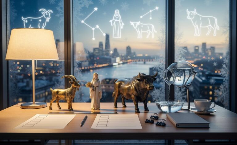 Illustration of zodiac signs favored by practical luck on January 2, 2026: Capricorn, Virgo, Taurus, and Aquarius