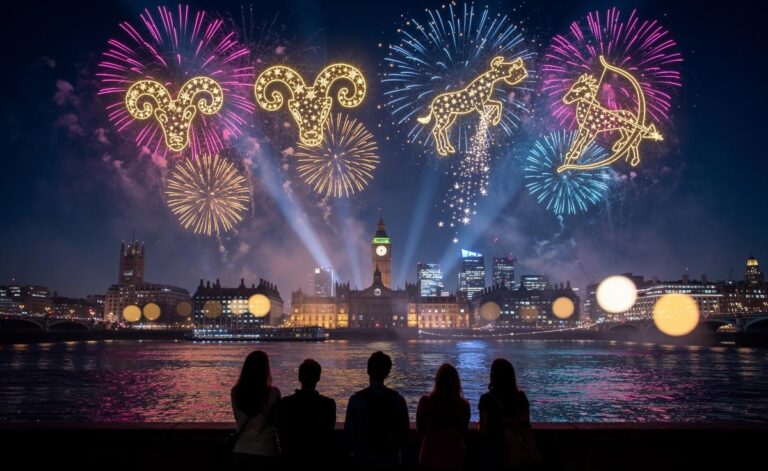 Illustration of zodiac symbols for Aries, Capricorn, Aquarius, and Sagittarius set against New Year fireworks
